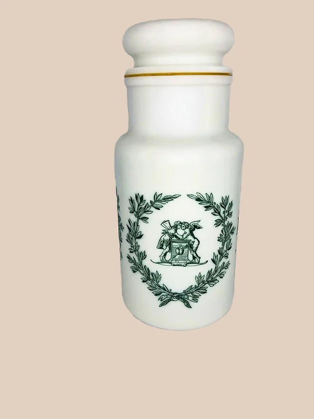 Pot de pharmacie vintage (opaline, motif vert)