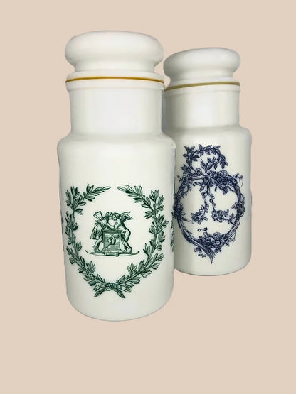 Pot de pharmacie vintage (opaline, motif vert)